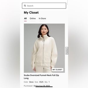 Lululemon Scuba Oversized Funnel Neck Full Zip Bone XS/S